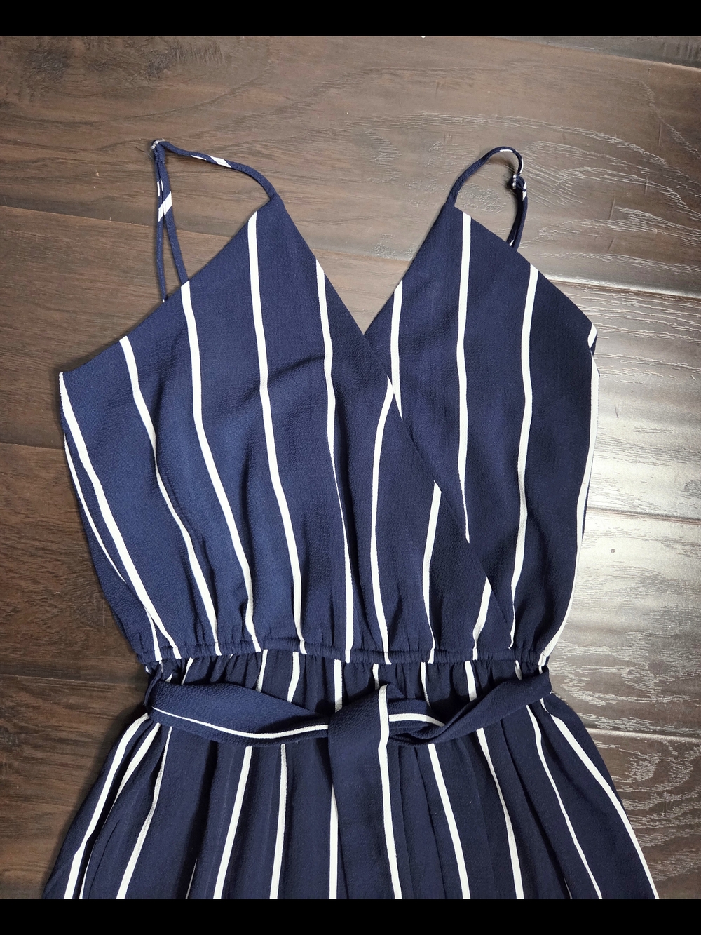 Navy and White Vertical-Stripe Wide-Leg Jumpsuit - Picture 2 of 11